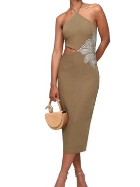 Avec Les Filles Olive Halter Cutout Midi Dress with Embellished Applique